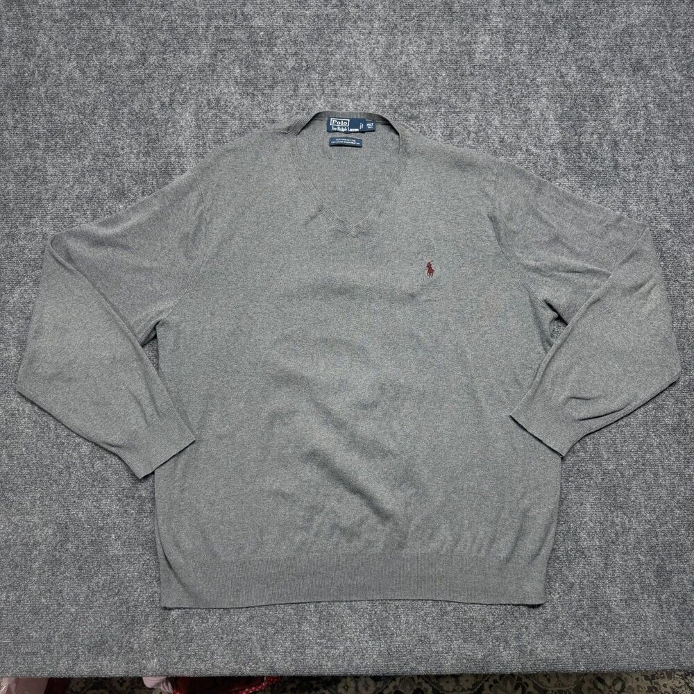 Polo Ralph Lauren Sweater Mens 2XLT Gray Pima Cotton V-Neck Pony Tall